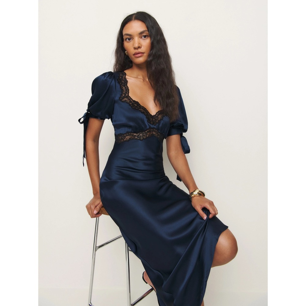 NWT Reformation x Kacey Musgraves Stella Silk Dress in Navy $348 - Size 2 - Picture 2 of 16